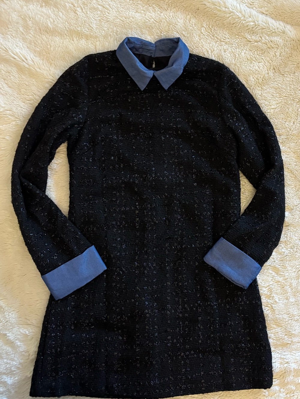 Black Tweed Long Sleeve Dress with Blue Collar & Cuffs, Fully Lined, Medium